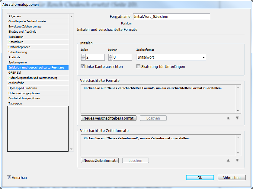 Initialen und verschachtelte Formate